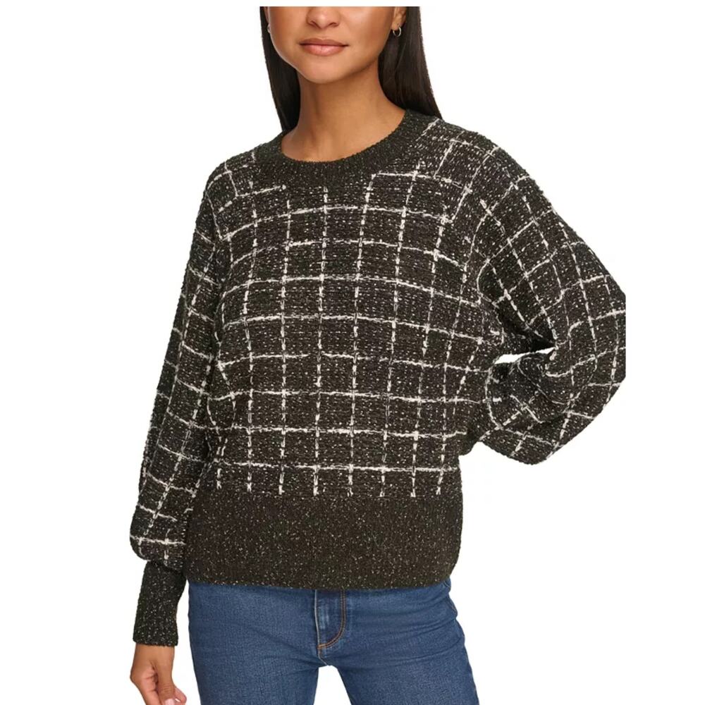Karl Lagerfeld Tweed Plaid Sweater XS NWT Gray White Shimmer Academia Career
